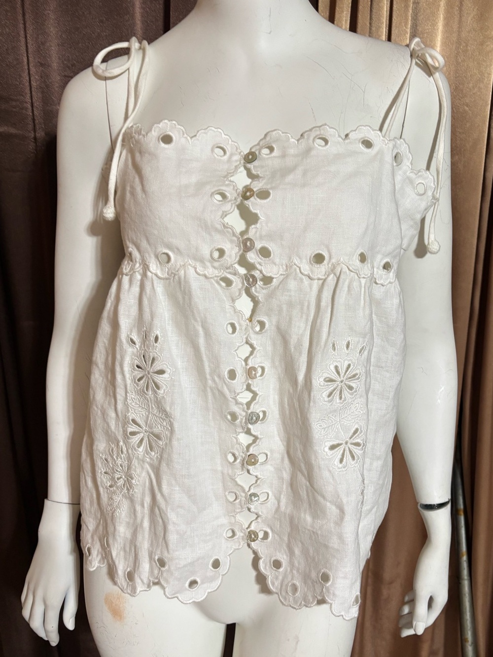 FARM Rio White Eyelet Linen Tie-Shoulder Tank